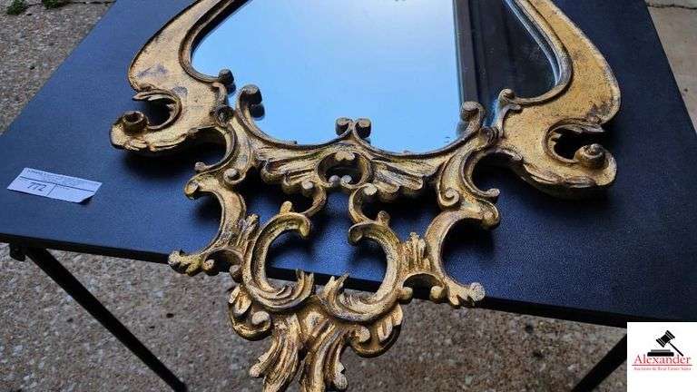 GOLD ORNATE WALL MIRROR - CUT OUT CREST TOP AND BOTTOM - SCALLOPED SIDES