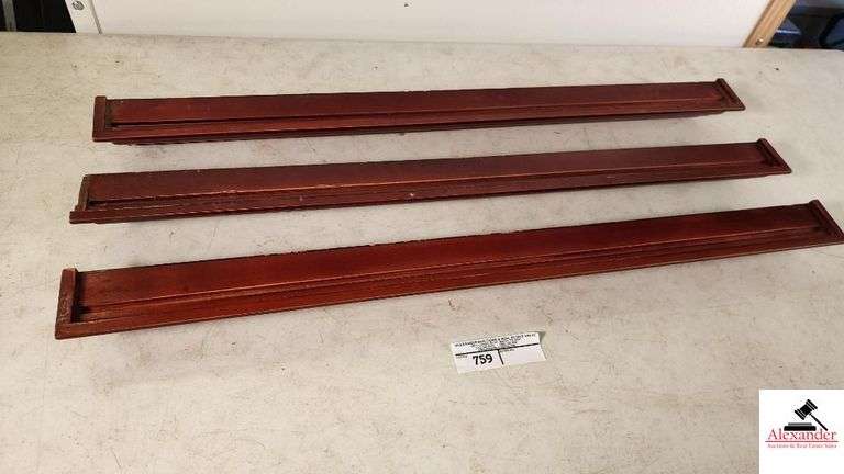 (3) WOOD WALL PLATE SHELVES   MAHOGANY COLOR  (GARGE)