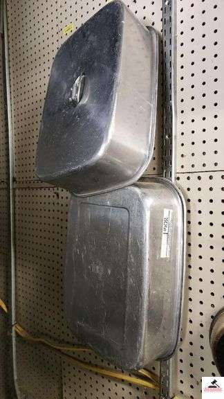 ALUMINIUM BAKING PAN -  TWO SKILLETS - COLANDER PAN - ALUMINIUM COOKING PAN - TONGS - BRUSHES - (2) BEAST CLAWS - (GARAGE)