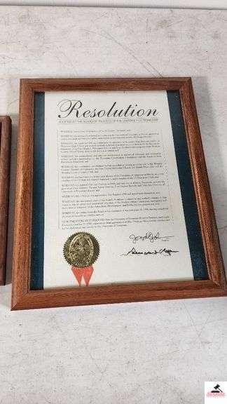 (3) FRAMES - NED RAY MCWHERTER PICTURE AND SIGNATURE - ANOTHER SIGNED PICTURE - RESOLUTION DOCUMENT FRAMED - (TRAILER)