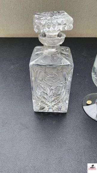 HEAVY PRESSED LIQUIOR DECANTER - ETCHED CRYSTAL DECANTER - ETCHED FLOWERS AND BUTTERFLY - PEDESTAL PITCHER WITH GLASS STOPPER - (GARAGE)