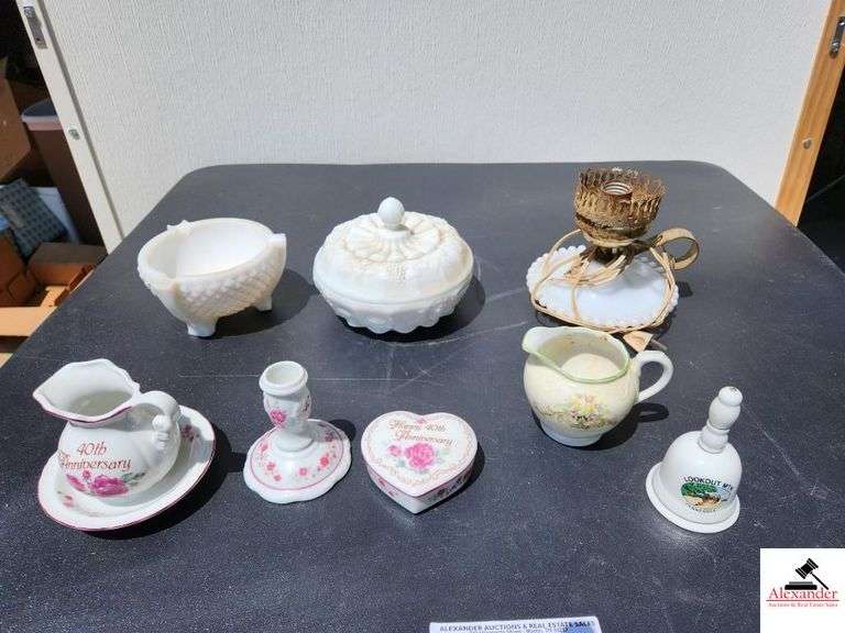 MILK GLASS FOOTED BOWL - DIAMOND POINT - MILK GLASS COVERED BOWL - MILK GLASS LAMP BASE - 1961 BETTY WHITTAKER MINI BOWLING PICTURE - CANDLE HOLDER - HAPPY 40TH ANNIVERSARY COVERED DRESSER PC. - PRINCESS CHINA CREAMER - LOOKOUT MOUNTAIN CHINA BELL - (GARAGE)