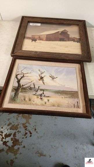 "BARNYARD PRINT - J.B. LEFTWILCH - CIRCA 1978- VNTAGE BARNWOOD FRAME-GREENHEAD PRINT- FRAMED- NO GLASS - FRAME SHOWS WEAR - MATTING IS FADED