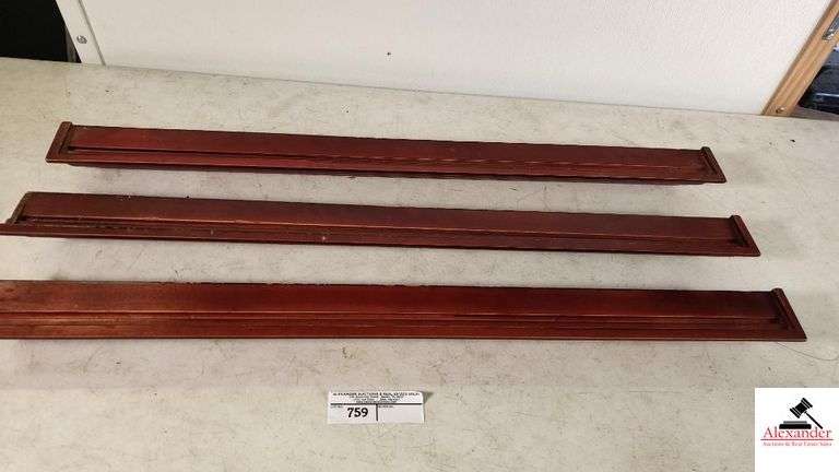 (3) WOOD WALL PLATE SHELVES   MAHOGANY COLOR  (GARGE)