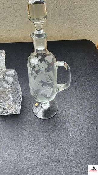 HEAVY PRESSED LIQUIOR DECANTER - ETCHED CRYSTAL DECANTER - ETCHED FLOWERS AND BUTTERFLY - PEDESTAL PITCHER WITH GLASS STOPPER - (GARAGE)