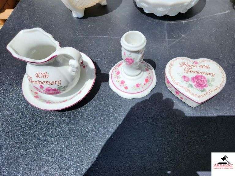 MILK GLASS FOOTED BOWL - DIAMOND POINT - MILK GLASS COVERED BOWL - MILK GLASS LAMP BASE - 1961 BETTY WHITTAKER MINI BOWLING PICTURE - CANDLE HOLDER - HAPPY 40TH ANNIVERSARY COVERED DRESSER PC. - PRINCESS CHINA CREAMER - LOOKOUT MOUNTAIN CHINA BELL - (GARAGE)