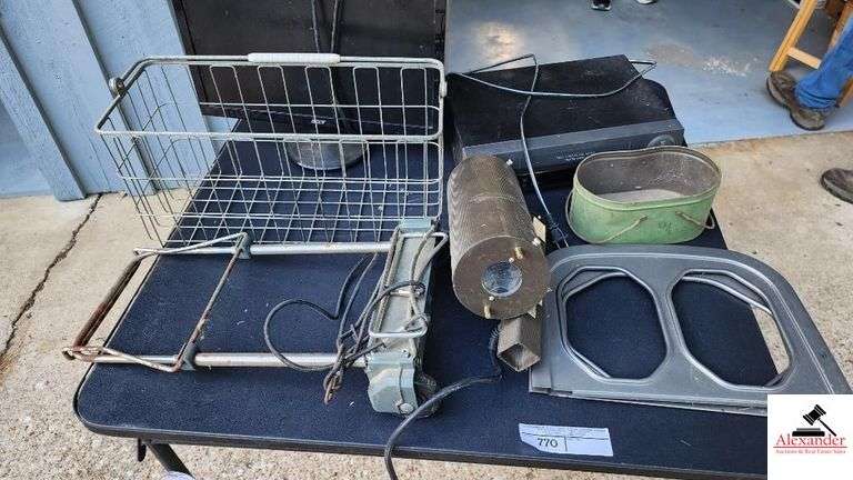 WIRE BASKET -SPOT LIGHT - CART - VCR - ACER MONITOR (CONDITION UNKNOWN)  GREEN TIN BOX - LUGGAGE ROLLER