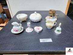 MILK GLASS FOOTED BOWL - DIAMOND POINT - MILK GLASS COVERED BOWL - MILK GLASS LAMP BASE - 1961 BETTY WHITTAKER MINI BOWLING PICTURE - CANDLE HOLDER - HAPPY 40TH ANNIVERSARY COVERED DRESSER PC. - PRINCESS CHINA CREAMER - LOOKOUT MOUNTAIN CHINA BELL - (GARAGE)