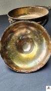 HEAVY SILVER PLATE STAND FONDUE POT - DECORATIVE COVER - ROUND NUT SERVING TRAY - SILVER PLATE BOWL - FONDUE STAND - (GARAGE)