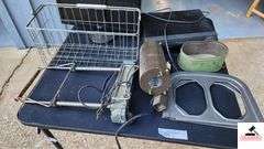 WIRE BASKET -SPOT LIGHT - CART - VCR - ACER MONITOR (CONDITION UNKNOWN)  GREEN TIN BOX - LUGGAGE ROLLER