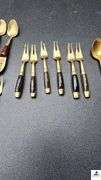 (6) SIAM BRONZE COCKTAIL FORKS - (6) NICKEL BRONZE FORKS - (6) SIAM SPOONS  - ODD BRASS SERVING SPOON