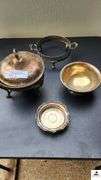 HEAVY SILVER PLATE STAND FONDUE POT - DECORATIVE COVER - ROUND NUT SERVING TRAY - SILVER PLATE BOWL - FONDUE STAND - (GARAGE)
