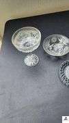 MOON AND STAR FOOTED BOWL - OPEN COMPOTE - CLEAR BUBBLE CAKE PLATE - IMPERIAL MOUNT VERNON STYLE BOWL - (GARAGE)