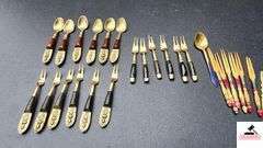 (6) SIAM BRONZE COCKTAIL FORKS - (6) NICKEL BRONZE FORKS - (6) SIAM SPOONS  - ODD BRASS SERVING SPOON