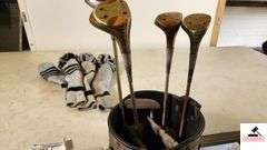 (5) GOLF CLUBS, 11-3-5 WOODS, KNIT COVERS  & DUNLOR GOLF BAG - (MACGREGOR)   MACGREGOR PUTTER