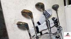 (5) GOLF CLUBS, 11-3-5 WOODS, KNIT COVERS  & DUNLOR GOLF BAG - (MACGREGOR)   MACGREGOR PUTTER