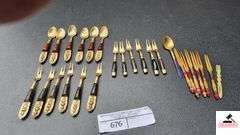 (6) SIAM BRONZE COCKTAIL FORKS - (6) NICKEL BRONZE FORKS - (6) SIAM SPOONS  - ODD BRASS SERVING SPOON