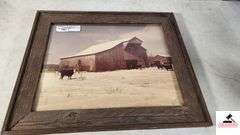 "BARNYARD PRINT - J.B. LEFTWILCH - CIRCA 1978- VNTAGE BARNWOOD FRAME-GREENHEAD PRINT- FRAMED- NO GLASS - FRAME SHOWS WEAR - MATTING IS FADED