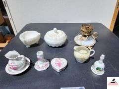 MILK GLASS FOOTED BOWL - DIAMOND POINT - MILK GLASS COVERED BOWL - MILK GLASS LAMP BASE - 1961 BETTY WHITTAKER MINI BOWLING PICTURE - CANDLE HOLDER - HAPPY 40TH ANNIVERSARY COVERED DRESSER PC. - PRINCESS CHINA CREAMER - LOOKOUT MOUNTAIN CHINA BELL - (GARAGE)