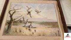 "BARNYARD PRINT - J.B. LEFTWILCH - CIRCA 1978- VNTAGE BARNWOOD FRAME-GREENHEAD PRINT- FRAMED- NO GLASS - FRAME SHOWS WEAR - MATTING IS FADED