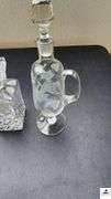 HEAVY PRESSED LIQUIOR DECANTER - ETCHED CRYSTAL DECANTER - ETCHED FLOWERS AND BUTTERFLY - PEDESTAL PITCHER WITH GLASS STOPPER - (GARAGE)