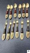 (6) SIAM BRONZE COCKTAIL FORKS - (6) NICKEL BRONZE FORKS - (6) SIAM SPOONS  - ODD BRASS SERVING SPOON