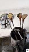 (5) GOLF CLUBS, 11-3-5 WOODS, KNIT COVERS  & DUNLOR GOLF BAG - (MACGREGOR)   MACGREGOR PUTTER