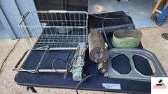 WIRE BASKET -SPOT LIGHT - CART - VCR - ACER MONITOR (CONDITION UNKNOWN)  GREEN TIN BOX - LUGGAGE ROLLER