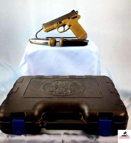 FN MODEL FNX-45 SEMI-AUTO PISTOL - .45 ACP CAL - BLACK (STAMP ON IT SAYS STAINLESS STEEL) DESERT TAN - 3 CLIPS - FLAT DARK EARTH FRAME - MATCHING CASE - MINT CONDITION - S/N FX3U020895 image