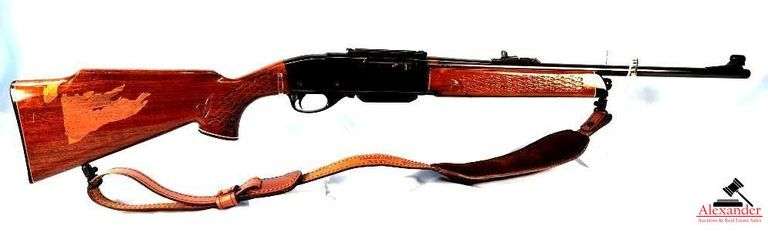 REMINGTON MODEL 742 RIFLE - .30-06 SPRG. - CHECKERD PISTOL GRIP STOCK- DEEP FINISH - RIGHT HAND CHEEK PLATE - FINISH ON STOCK IS OFF, STILL IN GOOD CONDITION JUST HAS LARGE SPOT - FEW CARRY WEAR MARKS - CHECKERED FOREARM -  SCOPE MOUNT - DEEP BLUE RECEIVER - BARREL BLUING EVEN COLOR - SLIGHT MUZZLE WEAR - AA&E LEATHERCRAFT WITH DEER HAIR SLING - NYLON SHELL SOCK - S/N 7442208 image
