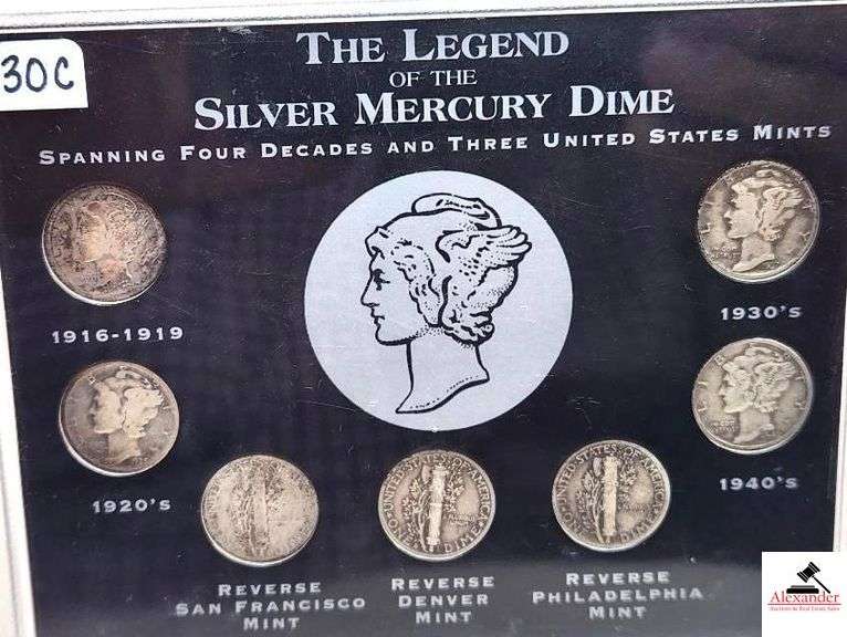 THE LEGEND OF THE SILVER MERCURY DIME SPANNING FOUR DECADES AND THREE UNITED STATES MINTS - 1916-1919, 1920'S, 1930'S, AND 1940'S - IT SHOWS OBVERSE AND REVERSE SIDES - THREE MINTS : NO MINT MARK MEANS PHILADELPHIA, "D" MEANS DENVER, AND "S" MEANS SAN FRANCISCO - TOTAL OF 7 COINS image