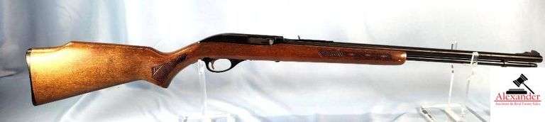 GLENFIELD 60 RIFLE - .22LR CAL - CHECKERED PISTOL GRIP - MONTE CARLO STOCK, GOOD COLOR - ONE PIECE CHECKERED FOREARM, GOOD COLOR - SHOWS CARRY WEAR & SCRATCHES - FINISH WEAR NEAR BUTT PLATE - FEW LIGHT RUBS - BLUING WEAR ON TOP AND EDGES - ELEVATION BAR MISSING UNDER SIGHT - S/N 23370756 image
