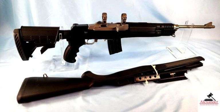 RUGER MINI 14 RIFLE - .223 CAL - TACTICAL STYLE WITH HAND GRIP - ADJUSTIBLE STOCK - SYNTHETIC - SCOPE RINGS - STAINLESS RECEIVER & BARREL - EXTRA RIFLE STOCK & FOREARM - RECEIVER & BARREL SHOWS SOME CARRY WEAR & USE - S/N 196-3604A image