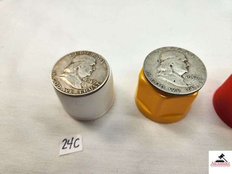 (5) FRANKLIN SILVER HALF DOLLAR COINS - 1949 NO MINT MARK, 1952 MINT MARK "S", 1953 MINT MARK "D", 1960 NO MINT MARK, AND 1961 MINT MARK "D" image