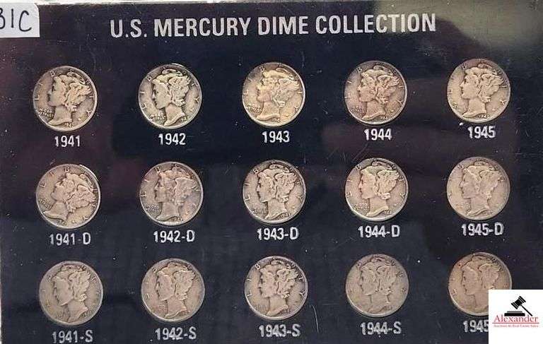 U.S. MERCURY DIME COLLECTION - 1941 - 1945 DIMES - EACH YEAR HAS THE THREE MINT MARKS - TOTAL OF 15 COINS image