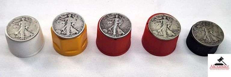 (5) LIBERTY WALKING SILVER HALF DOLLAR COINS - 1934 NO MINT MARK, 1935 MINT MARK "D", 1941 NO MINT MARK, 1943 MINT MARK "D", AND 1945 MINT MARK "D" image