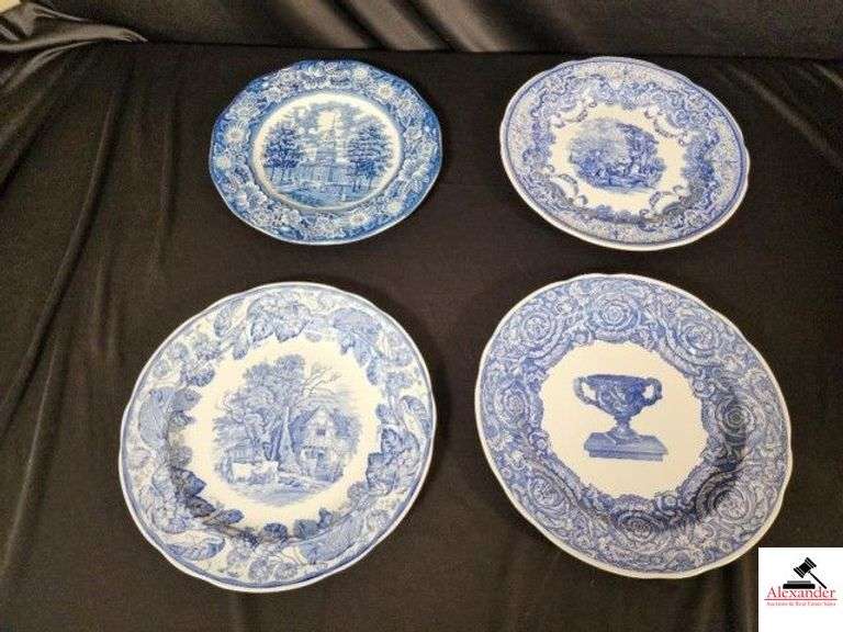 (4) 10" VICTORIAN PLATES - (1) LIBERTY BLUE "INDEPENDENCE HALL" & THE SPODE BLUE ROOM COLLECTION: "WARWICK VASE" FIRST INTRODUCED CIRCA 1834, "CONTINENTAL VIEWS" FIRST INTRODUCED CIRCA 1844, "RURAL SCENES" FIRST INTRODUCED CIRCA 1882 - BOX - (BACK BEDROOM) image
