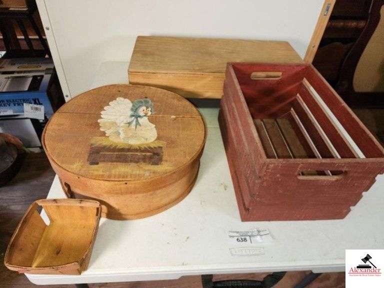 ROUND CHEESE BOX WITH HEN & EGGS VINTAGE SLATTED CRATE PAINTED RED - PLYWOOD TOP STEP STOOL - QUART STRAWBERRY BOX - (UPSTAIRS) image
