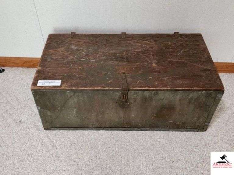 WOOD CHEST - 34" X 13" X 17" DEEP - PAINTED GREEN - FINISH WORN - TOP SLIGHT CRACK - METAL HANDLES - (BACK BEDROOM) image
