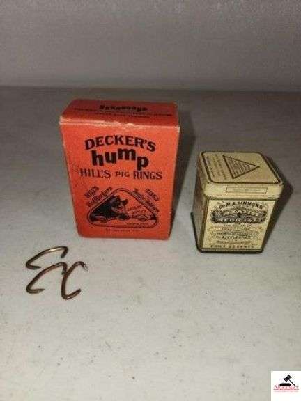 DR. M.A. SIMMONS LAXIATIVE MEDICINE TIN & DECKERS HUMP HILLS PIG RINGS BOX (GOOD CONDITION) - (NW BEDROOM) image