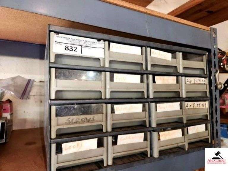 SCREW CABINET  - 16 DRAWERS - COLLECTION BLADE FUSES - WIRE TERMINALS - AIR FITTINGS - NUMEROUS DRAWERS OF BRASS FITTINGS -LOCKS - - CABLE - ELEC. - PINS - (ON CABINET #831) image