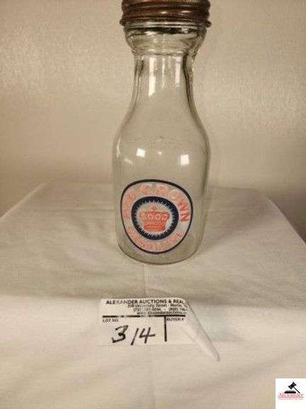 VINTAGE GLASS MOTOR OIL BOTTLE WITH METAL SPOUT AND CAP FEATURING RED CROWN GASOLINE LABEL - (GARAGE) image