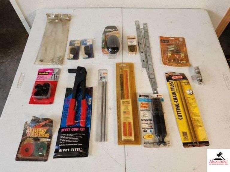 RIVET-TITE RIVET GUN KIT STEEL 1/4-3/8" SAW SHARPENERS - 12" FLEX GREASE GUN HOSE - METAL STRIPS - PLASTIC WELDER - OREGON CUTTING-CHAIN FILES - LAMP PARTS - BATTERY WASHERS - CHAIR TIPS - (TRAILER) image