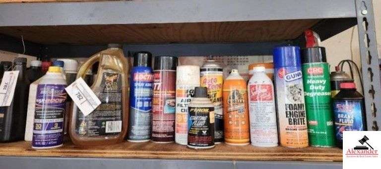 AUTOMOTIVE SUPPLIES- BOX OF LEATHERS & VINLY ROYAL PURPLE MAX BOOST OCTANE BOOSTER & PROTECTOR - STABILIZER - GOLD GLASS CAR WASH - SPRAYADHESIVE - 3M MULTIPURPOSE SPRAY ADHESIVE - AIR FILTER OIL - PYROIL STARTING FLUID - BRAKE CLEANER - GORILLA SPRAY ADHESIVE - ENGINE CLEANER - BRAKE FLUID - MISC. - (SHOP) image