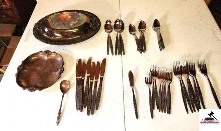 WM. ROGERS SILVER PLATE SERVING BOWL W/ LID DOUBLE ROPE BOARDER - SILVER PLATE SERVING TRAY - INTERNATIONAL DEEP SILVER SUGAR SHELL - SET OF INTERPURE STAINLESS STEEL SILVERWARE - 7 DINNER KNIVES - 8 DINNER FORKS - 8 SALAD FORKS - 8 CEREAL SPOONS - 9 ADDITIONAL SMALL SPOONS - 8 SOUP SPOONS - 8 SERVING SPOONS - BUTTER KNIFE (UPSTAIRS) image
