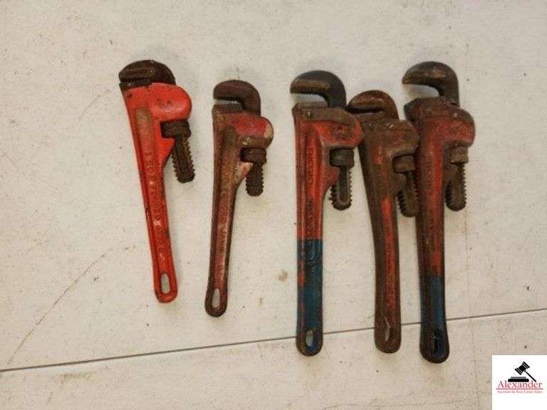 (5) PIPE WRENCHES MISC SIZES, 3 RIGID, 12 , 2-10s, 2 SMALL DROP FORGED JAWS - (TRAILER) image