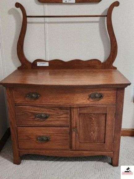 OAK WASH STAND - 35" X 49" WISHBONE RACK WITH TOWEL BAR - BRASS PULLS - (KITCHEN) image