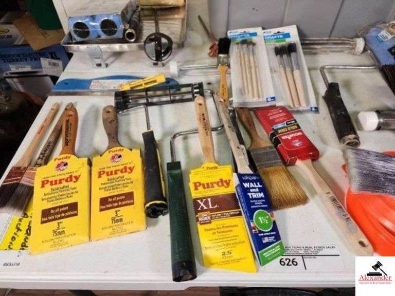 TUB OF PAINT SUPPLIES ROLLERS - NEW BRUSHES - PAINTERS TAPE - CRAFT BRUSHES - PAINTING BRUSHES - TRIM BRUSHES - NEW WALL ROLLERS - CONCRET AND GROUT/TILE TOOLS - KNEE PADS (UPSTAIRS) image