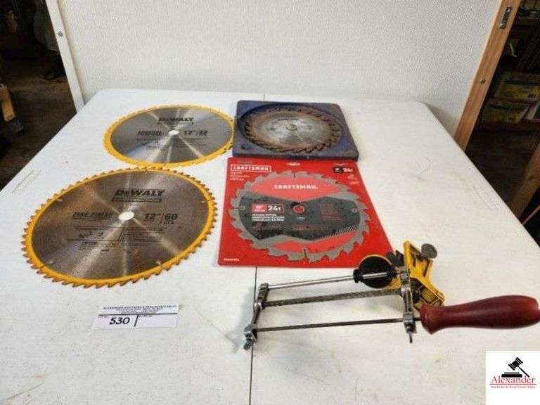 SMALL HAND SAW FILER 2 DEWALT CONSTRUCTION  FINE FINISH 12" 60 TEETH ATB & 32 TEETH ATB SAW BLADES - CRAFTSMAN 24 TEETH, 10" SAW BLADE (NEW) - USED CARBON TIP BLADE (TRAILER) image