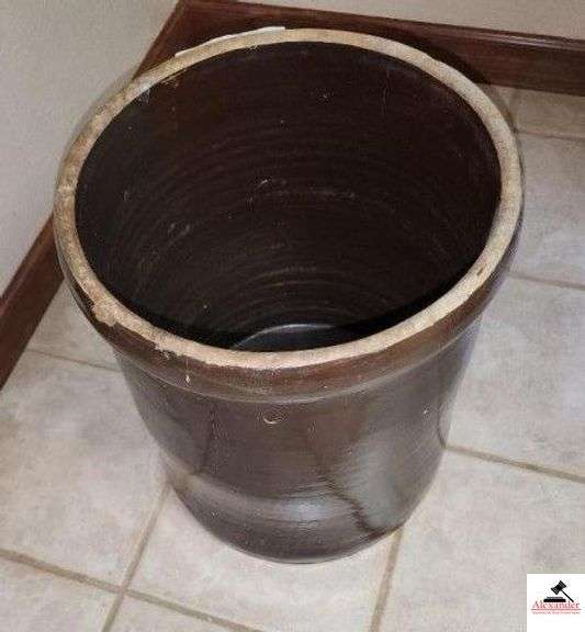 LARGE BROWN CROCK - 14 1/2" DIAMETER - 17" TALL - ROUGH INTERIOR - RIM SHOWS PAINT WEAR OFF - (KITCHEN) image